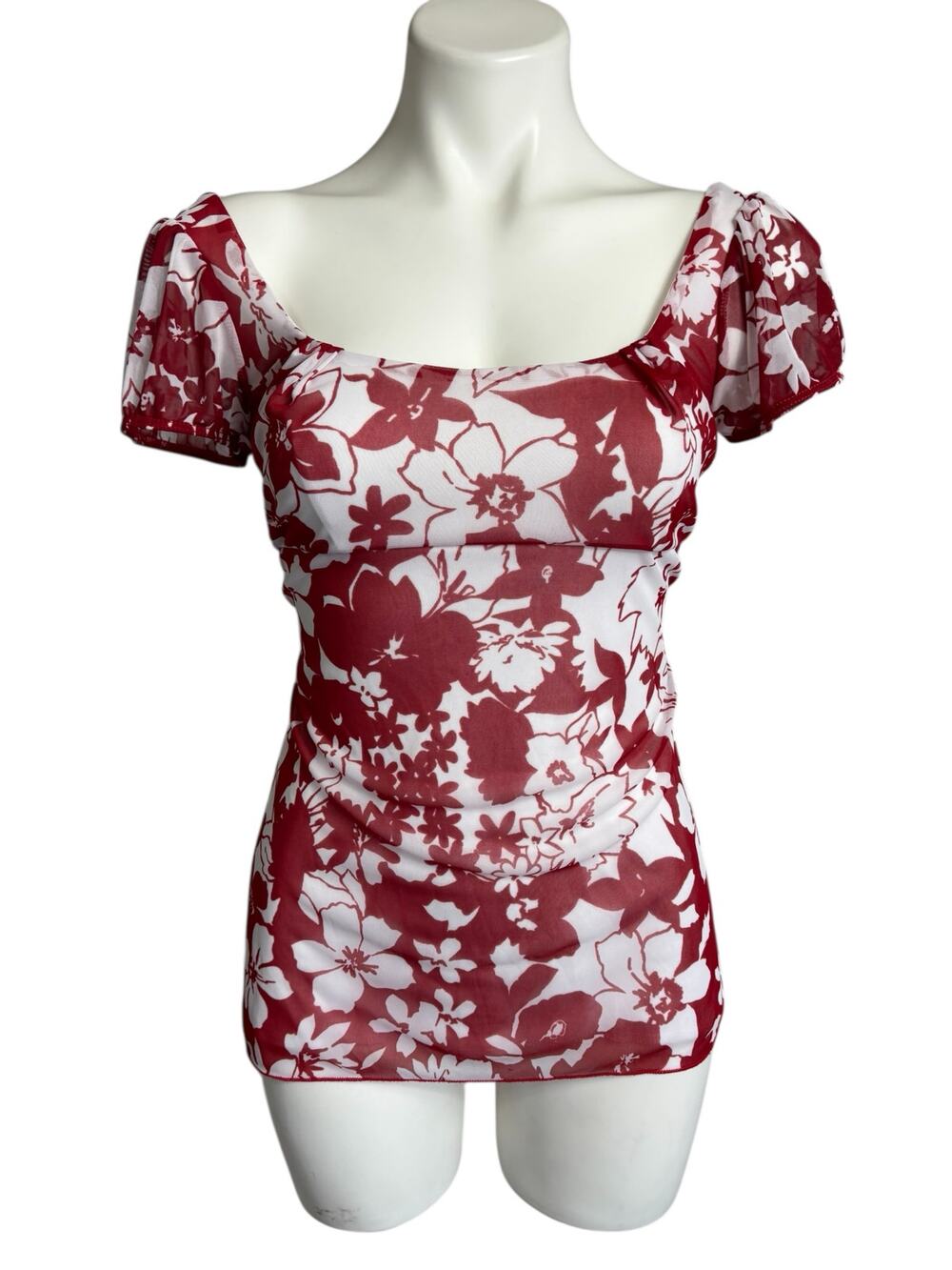 y2k Mesh Babydoll Top Puff Sleeves Size S Red White Tie Back Floral Beach Summer